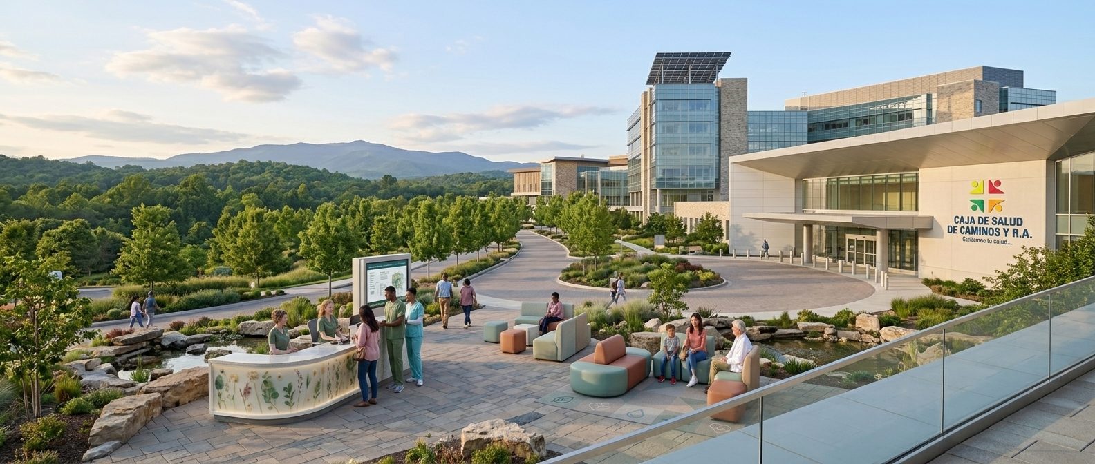 Edificio moderno de la Caja de Salud de Caminos y R.A. rodeado de áreas verdes y montañas, con personas conversando en un jardín de descanso