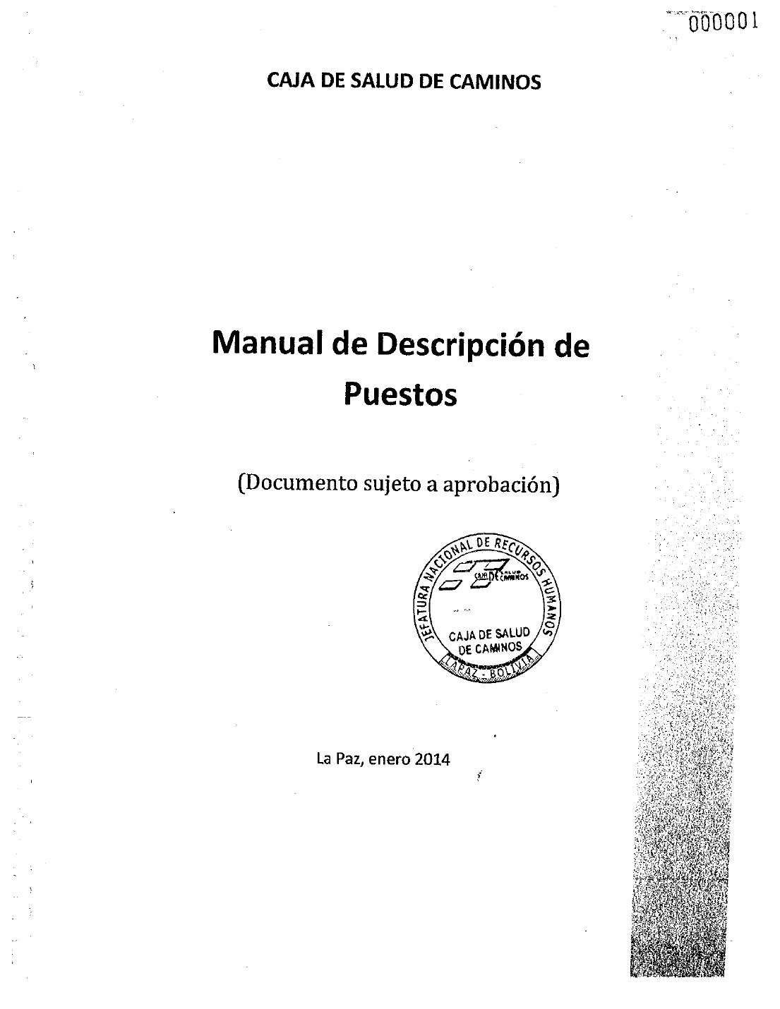 Página 1: portada del Manual de Descripción de Puestos de la Caja de Salud de Caminos